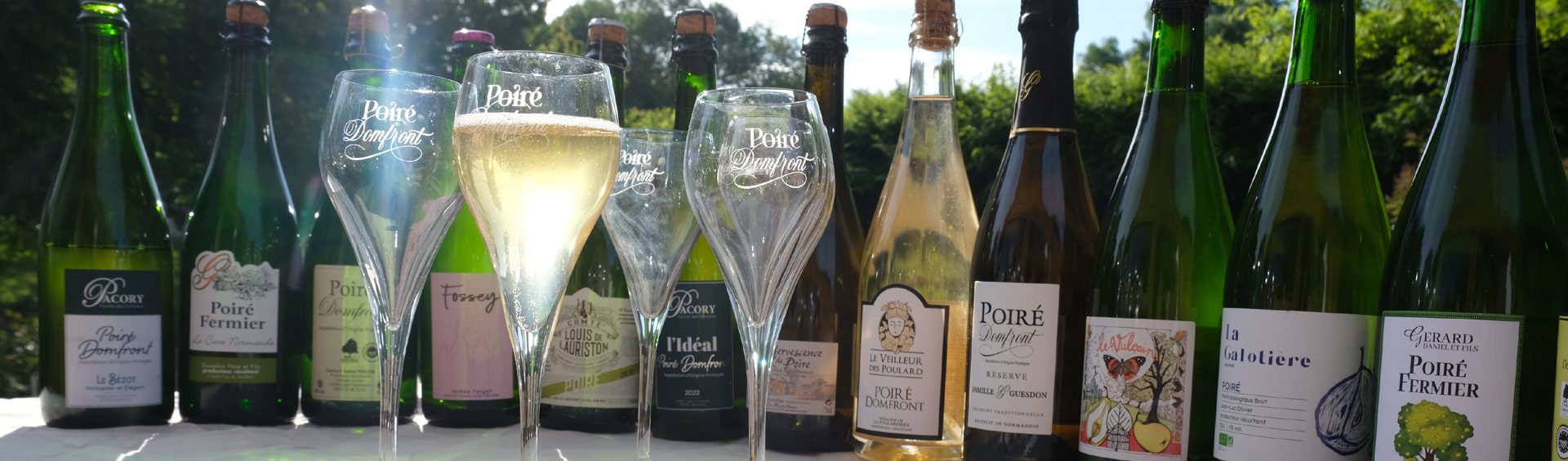 Výběr lahví poiré z různých oblastí Domfrontu
